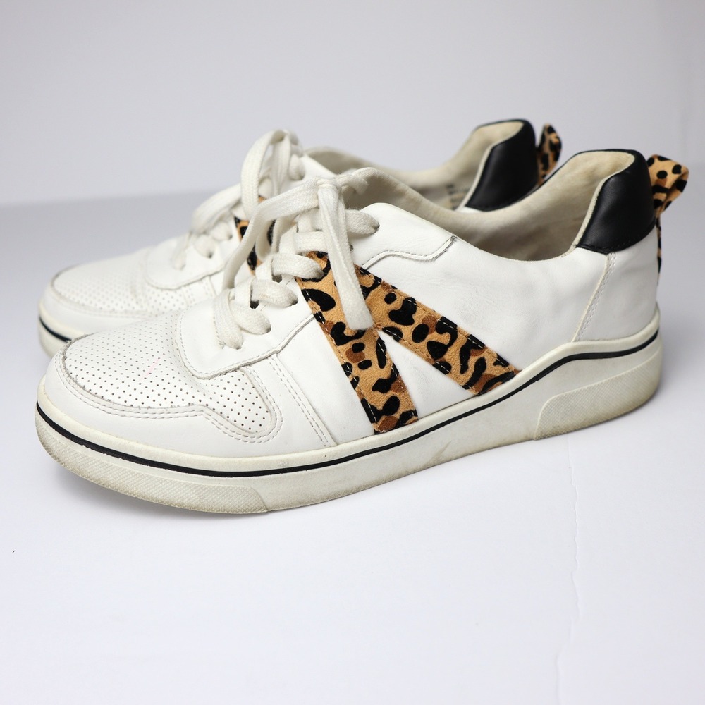 BKE White‎ Leather Leopard Accent Lace Up Sneakers Tennis Shoes Women's 8M